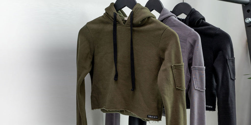 Organic cotton crop hoodies in army green, grey and black