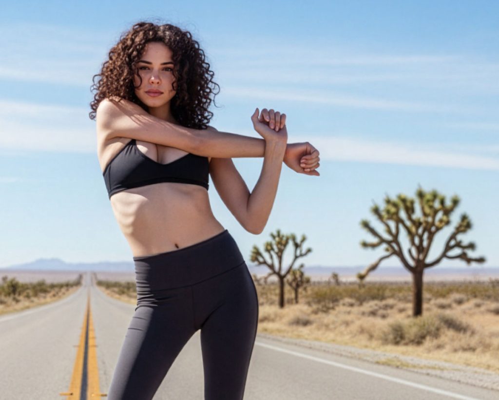 A woman stretching wearing a cute black sports bra and leggings
