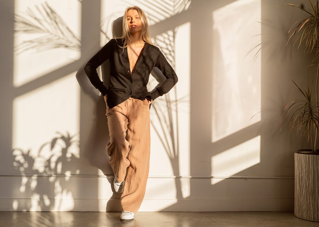 Black Cardigan with Linen Pants Outfit