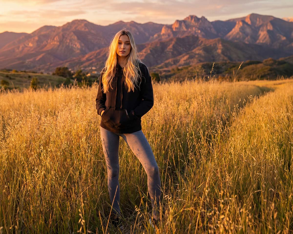 A woman stading in the Santa Monica  mountain as sunset wearing an organic cotton hoodie and leggings