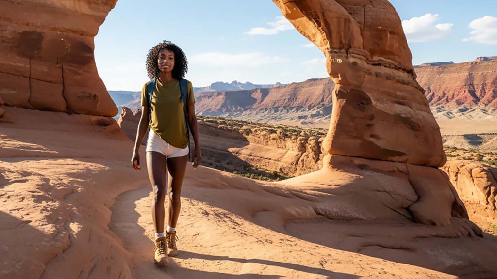 A woman hiking in the Utah wearing a sustainable hiking outfit consisting of a merino wool t-shirt and bamboo shorts 