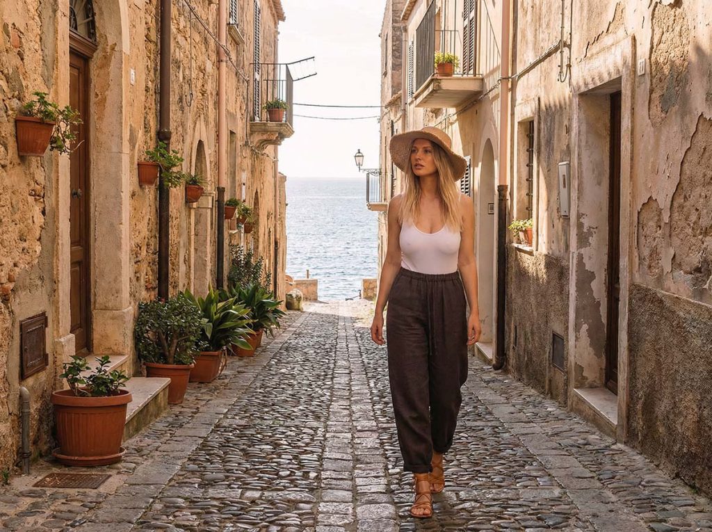 A women walking in an old Italian village wearing a sustainble outfit consisting of a bamboo bodysuit and linen pants